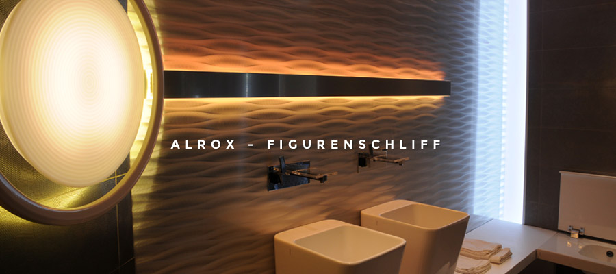 ALROX-Paneele – Designerbad mit LED-Farbeffekt orange und Aluminium-Figurenschliff
